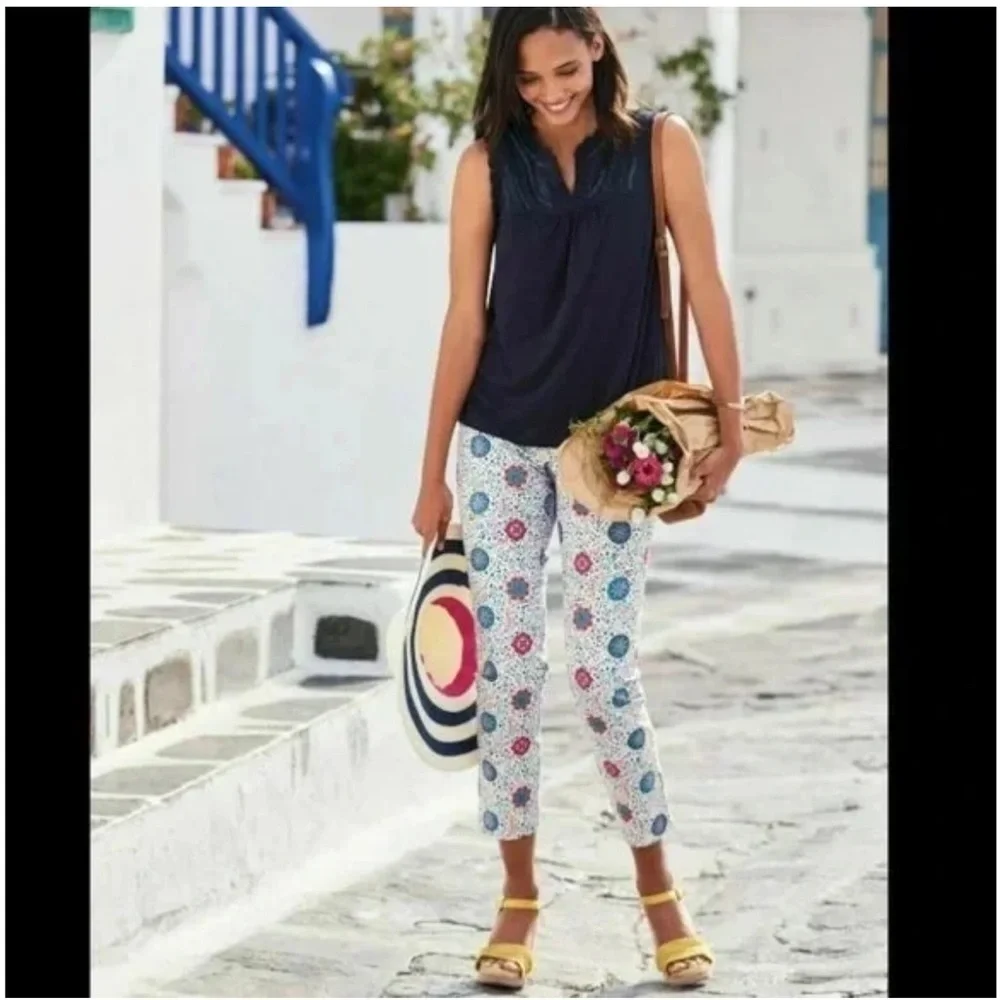 Boden Al Fresco Colorful Floral Print Slim Fit‎ 7/8 Cropped Side Zip Pants Boho - Picture 2 of 14